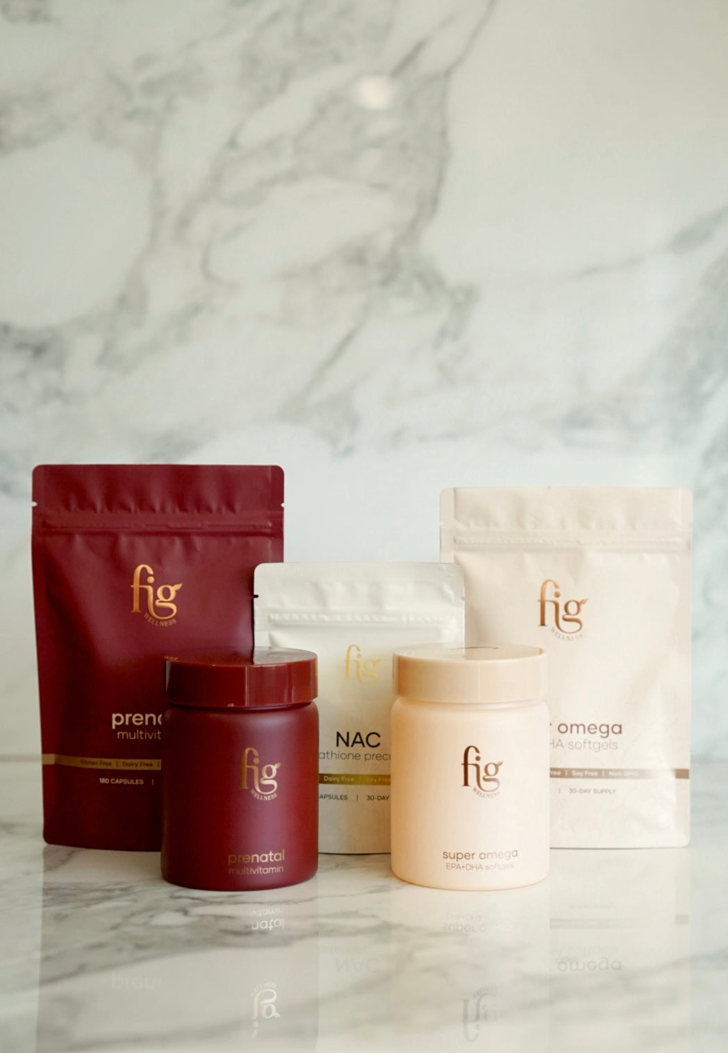 FIG Prenatal Multi, NAC and Super Omega on a marble counter